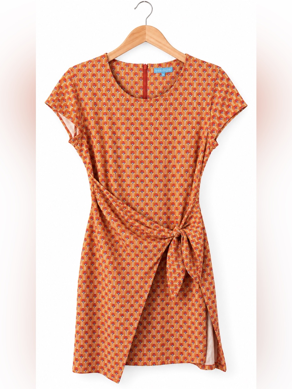 J McLaughlin Orange Geometric Print Tie Front Midi Dress Small Mod Retro Preppy